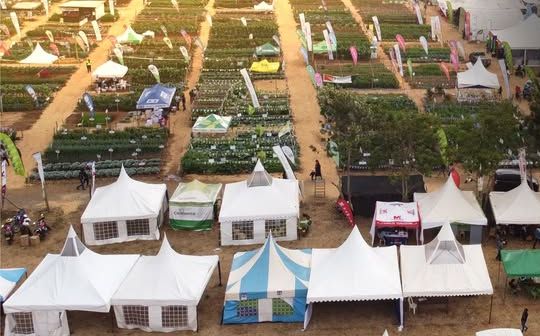 Aerial view of exhibitor tents and demo plots at the Agitech Grand Expo grounds