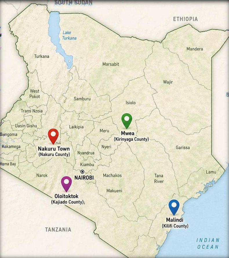 Map of Kenya showing the Expo editions at Malindi, Oloitoktok, Mwea and Nakuru Town